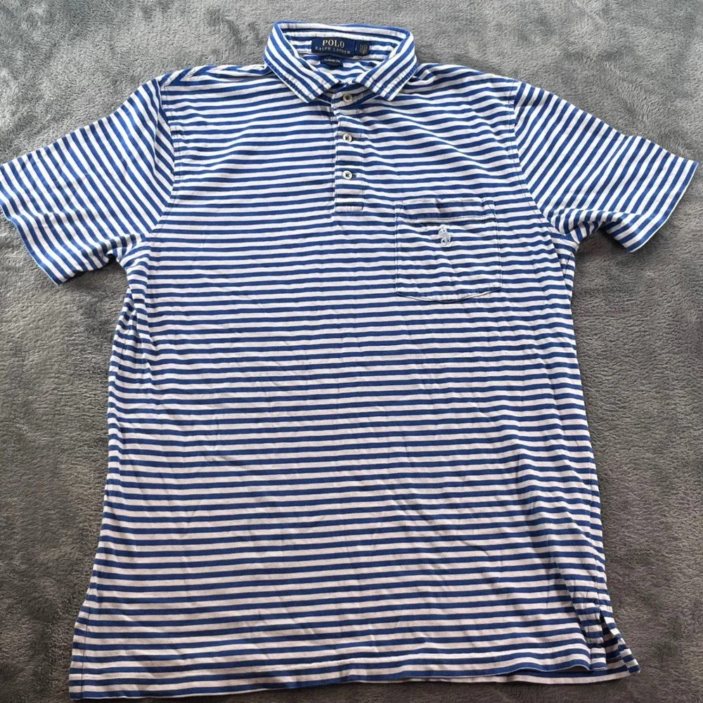 Polo Ralph Lauren Mens Classic Fit Striped Pocket Polo Shirt Blue White S